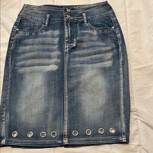 Hydraulic Blue Denim Pencil Skirt with Silver Eyelets